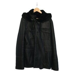 Mens Black Shearling Leather Jacket With Fur Lining & Hood By Perfetto Size 54